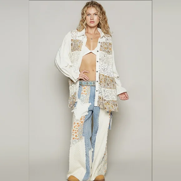 🌞#498 POL Balloon Sleeve Floral Print Lace Patch Shirt - Picture 5 of 5